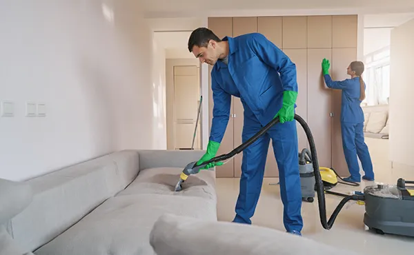 Skilled uniformed Caucasian janitorial personnel doing cleaning