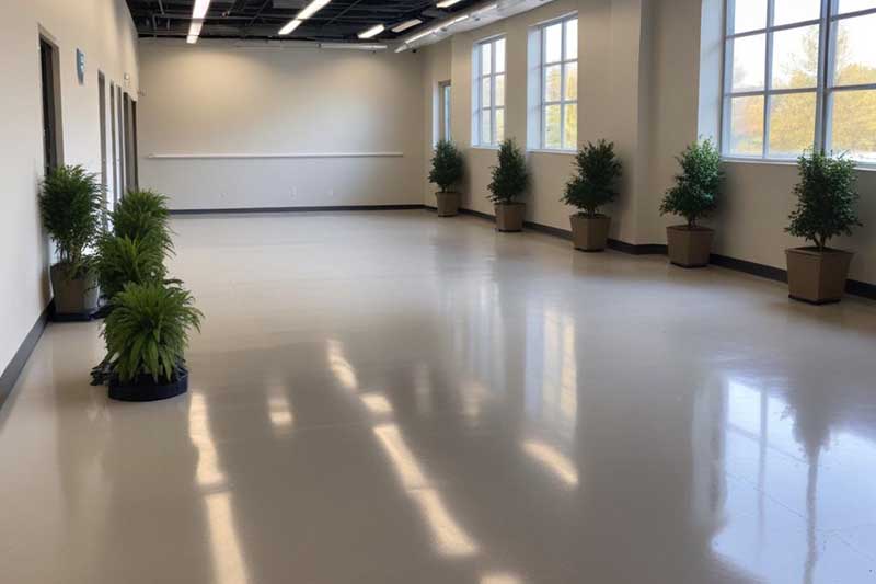 squeaky clean office space - white floors and walls - greenery decor alongside the windowed walls